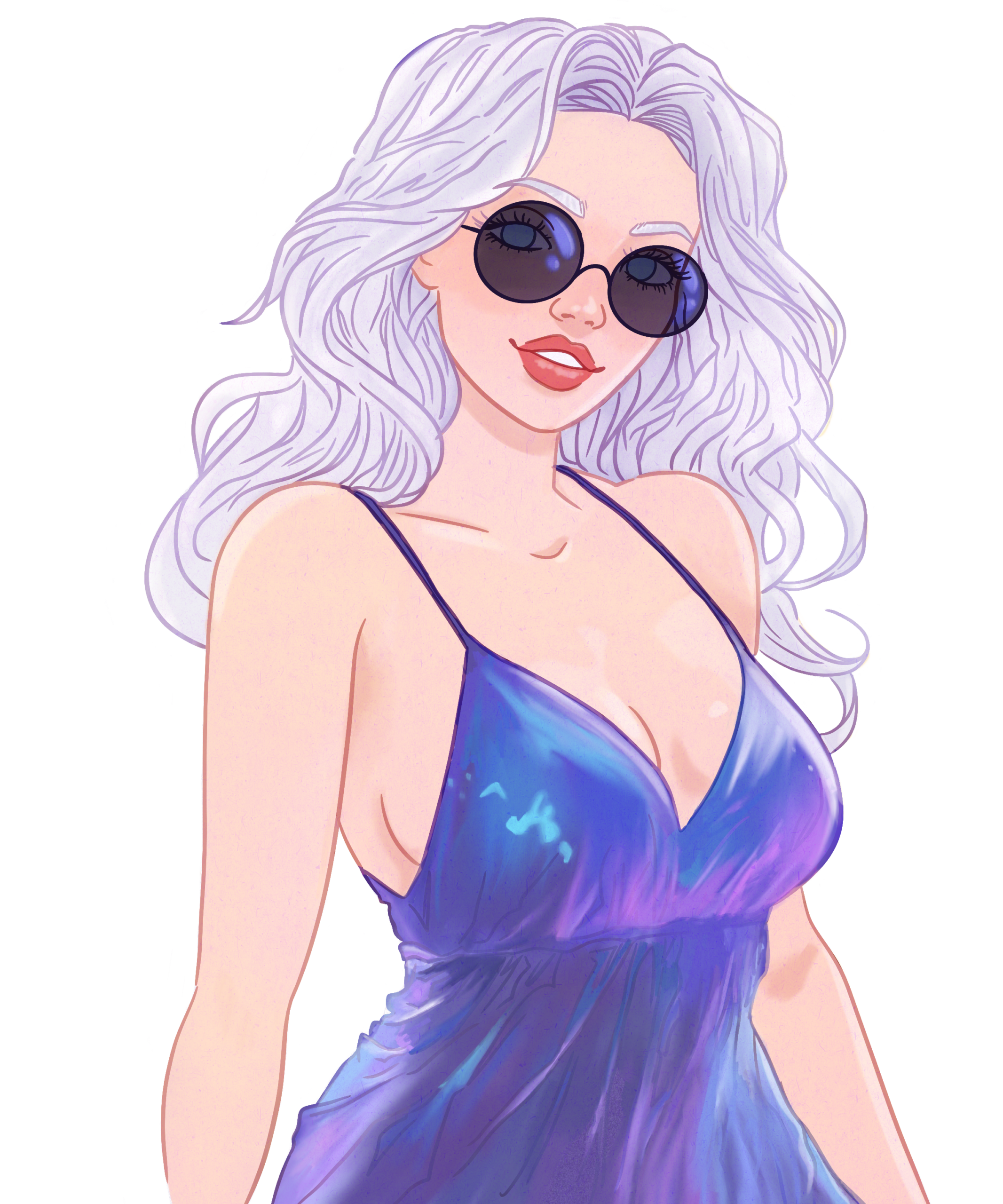 Digital illustration of Sammystique wearing an iredescent dress and round sunglasses